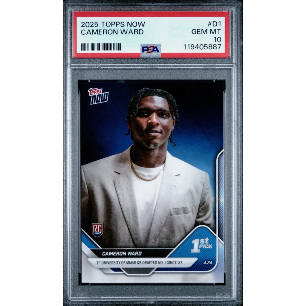 Graded 2025 Topps Now Cam Ward #D1 1st University of Miami QB Drafted Number 1 Since '87 Rookie RC Football Card PSA 10 Gem Mint | Hall of Fame Sports Memorabilia | vintageantiquesgifts.com