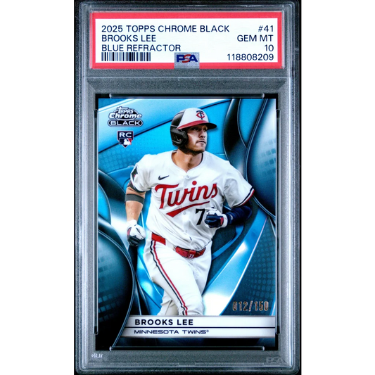 Graded 2025 Topps Chrome Black Brooks Lee #41 Blue Refractor /150 Rookie RC Baseball Card PSA 10 Gem Mint | Hall of Fame Sports Memorabilia | vintageantiquesgifts.com
