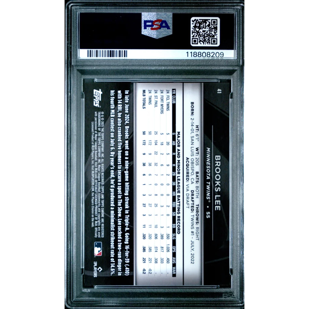Graded 2025 Topps Chrome Black Brooks Lee #41 Blue Refractor /150 Rookie RC Baseball Card PSA 10 Gem Mint | PSA 10 Gem Mint Graded Rookie Card | vintageantiquesgifts.com
