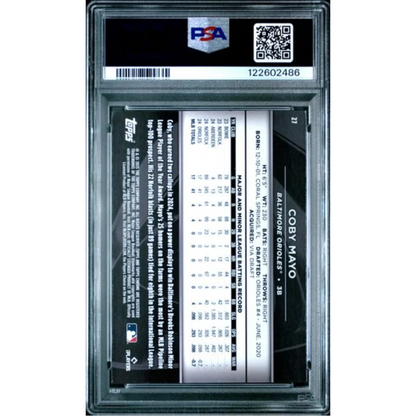 Back of PSA 10 graded 2025 Topps Chrome Black Coby Mayo #27 rookie card