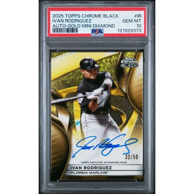 Graded PSA 10 2025 Topps Chrome Black Ivan Rodriguez Gold Mini Diamond Auto /50