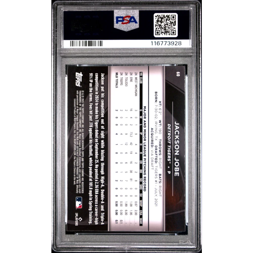 Graded 2025 Topps Chrome Black Jackson Jobe #60 Rookie RC Baseball Card PSA 10 Gem Mint | PSA 10 Gem Mint Graded Rookie Card | vintageantiquesgifts.com