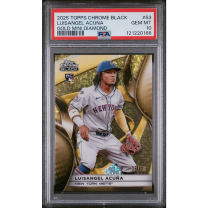 Graded 2025 Topps Chrome Black Luisangel Acuna #53 Gold Mini Diamond /50 Rookie RC Baseball Card PSA 10 Gem Mint | Hall of Fame Sports Memorabilia | vintageantiquesgifts.com