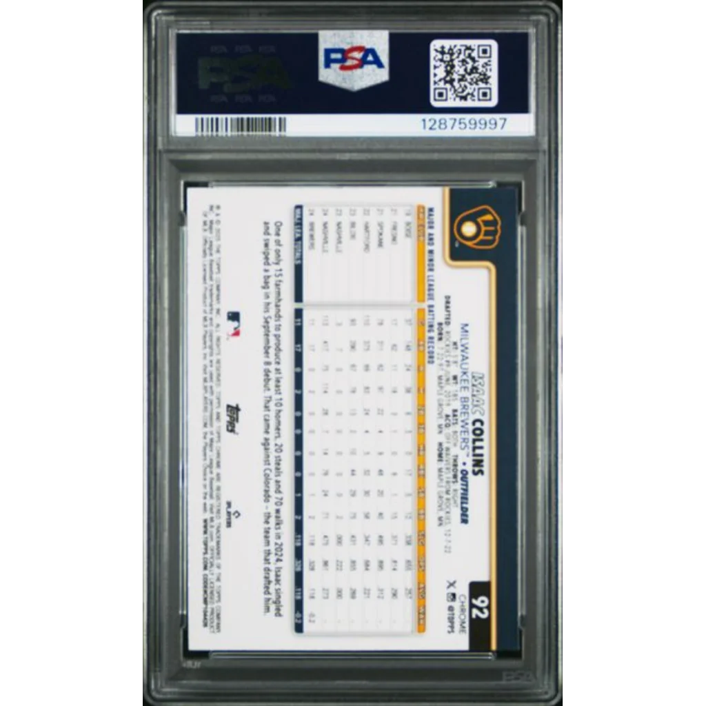 Graded 2025 Topps Chrome Isaac Collins 92 Rookie RC Baseball Card PSA 10 Gem Mint | PSA 10 Gem Mint Graded Rookie Card | vintageantiquesgifts.com
