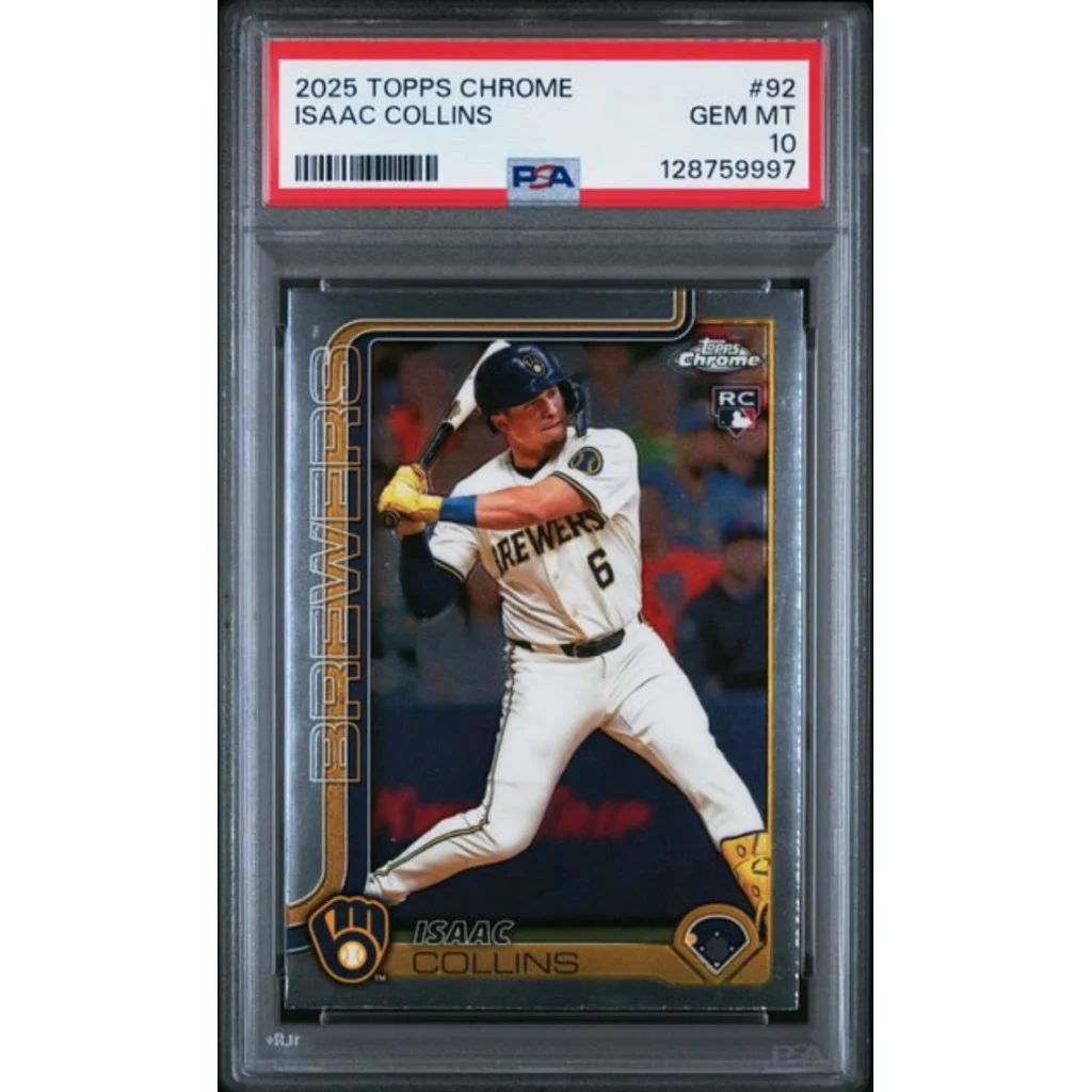 Graded 2025 Topps Chrome Isaac Collins 92 Rookie RC Baseball Card PSA 10 Gem Mint | Hall of Fame Sports Memorabilia | vintageantiquesgifts.com