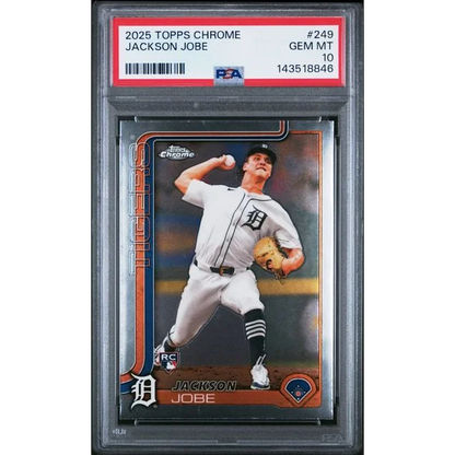 Graded 2025 Topps Chrome Jackson Jobe 249 Rookie RC Baseball Card PSA 10 Gem Mint | Hall of Fame Sports Memorabilia | vintageantiquesgifts.com