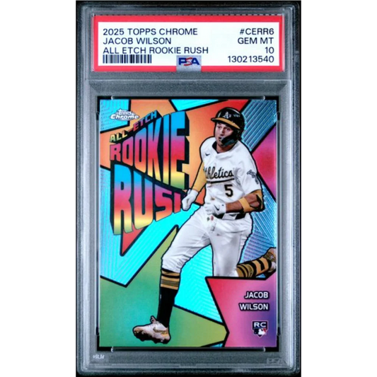 Graded 2025 Topps Chrome Jacob Wilson #CERR6 All Etch Rookie Rush Rookie RC Baseball Card PSA 10 Gem Mint | Hall of Fame Sports Memorabilia | vintageantiquesgifts.com