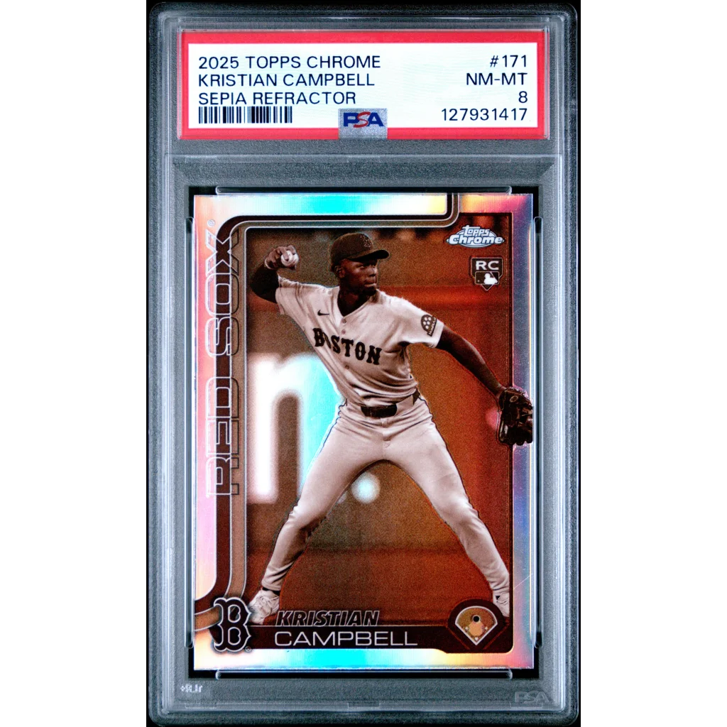 Graded 2025 Topps Chrome Kristian Campbell #171 Sepia Refractor Rookie RC Baseball Card PSA 8 Near Mint | Hall of Fame Sports Memorabilia | vintageantiquesgifts.com