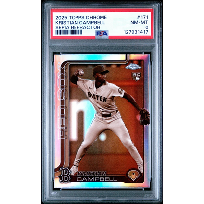 Graded 2025 Topps Chrome Kristian Campbell #171 Sepia Refractor Rookie RC Baseball Card PSA 8 Near Mint | Hall of Fame Sports Memorabilia | vintageantiquesgifts.com
