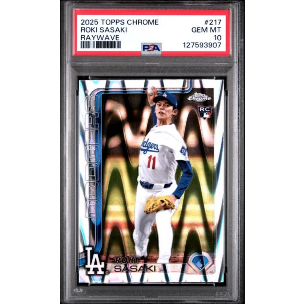 Graded 2025 Topps Chrome Roki Sasaki #217 Raywave Rookie RC Baseball Card PSA 10 Gem Mint | Hall of Fame Sports Memorabilia | vintageantiquesgifts.com