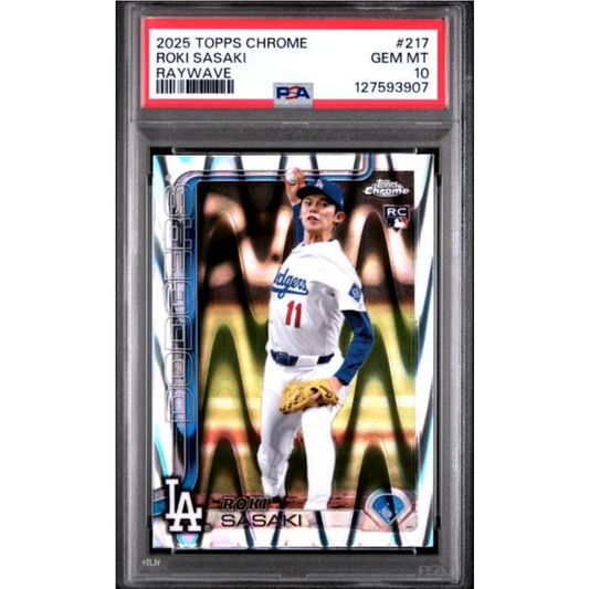 Graded 2025 Topps Chrome Roki Sasaki #217 Raywave Rookie RC Baseball Card PSA 10 Gem Mint | Hall of Fame Sports Memorabilia | vintageantiquesgifts.com