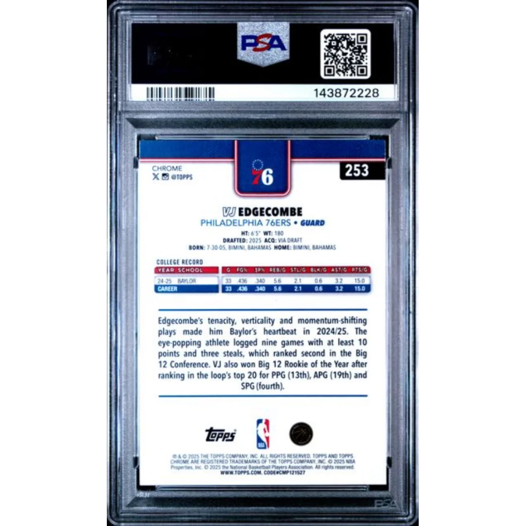 Graded 2025 Topps Chrome VJ Edgecombe 253 Rookie RC Basketball Card PSA 10 Gem Mint | PSA 10 Gem Mint Graded Rookie Card | vintageantiquesgifts.com