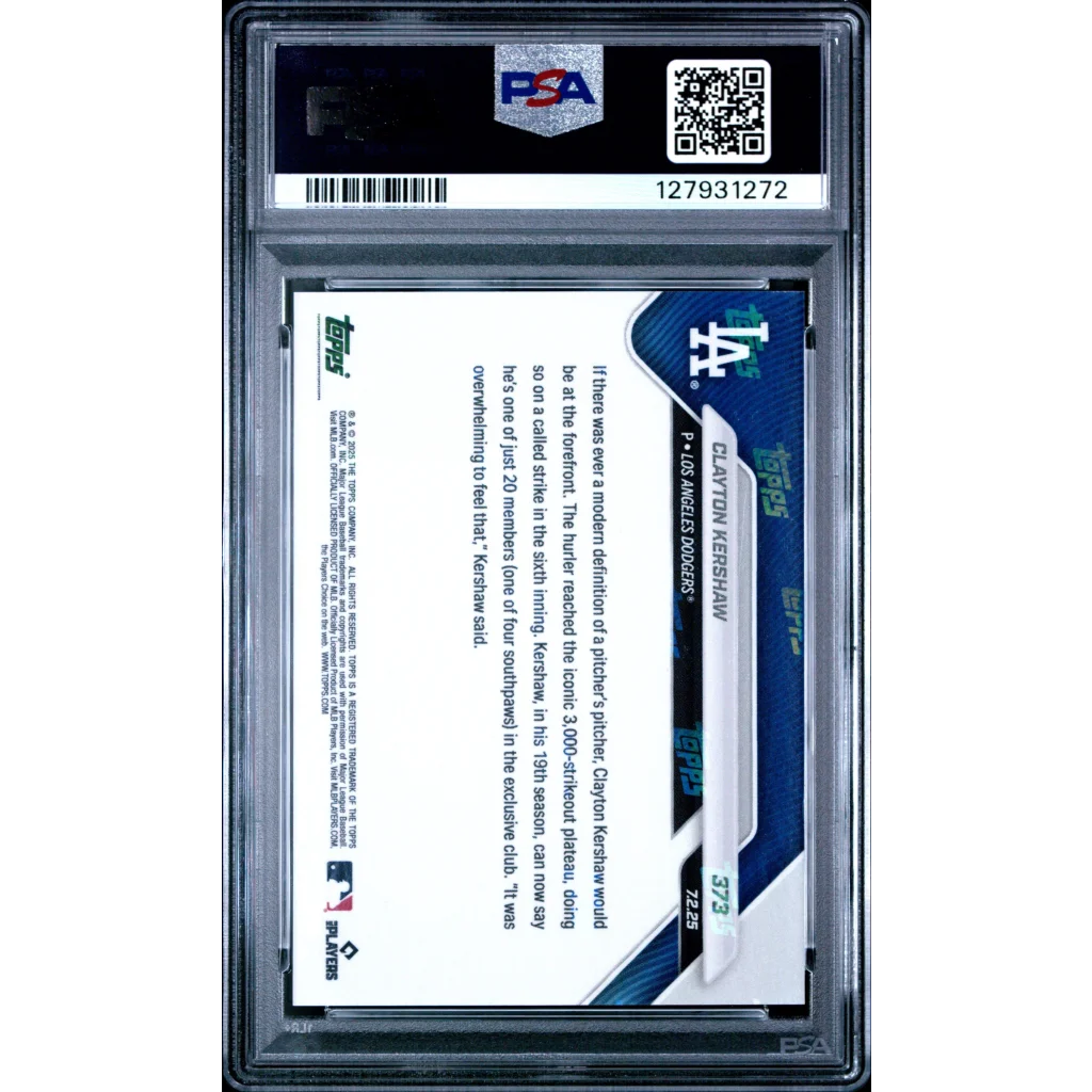 Graded 2025 Topps Now Clayton Kershaw #373 PSA 10 Gem Mint card in slab