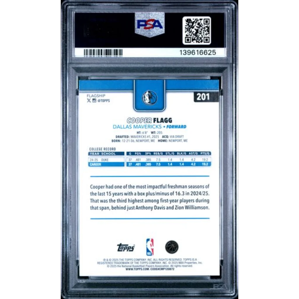 Graded 2025 Topps Cooper Flagg 201 Rookie RC Basketball Card PSA 9 Mint | PSA 9 Mint Graded Rookie Card | vintageantiquesgifts.com