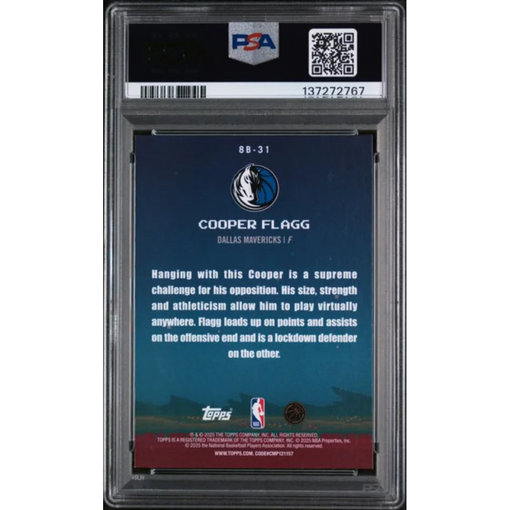 Back of 2025 Topps Cooper Flagg 8 Bit Ballers #8B-31 Rookie PSA 9 card