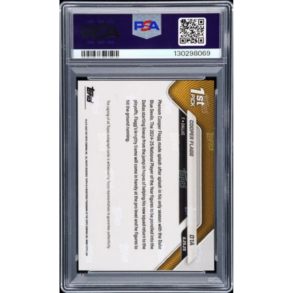 Graded 2025 Topps Now Cooper Flagg #D1A Draft Auto Orange Foil /25 Rookie RC Basketball Card PSA 9 Mint PSA 10 Auto Gem Mint | PSA 9 Mint Graded Rookie Card | vintageantiquesgifts.com