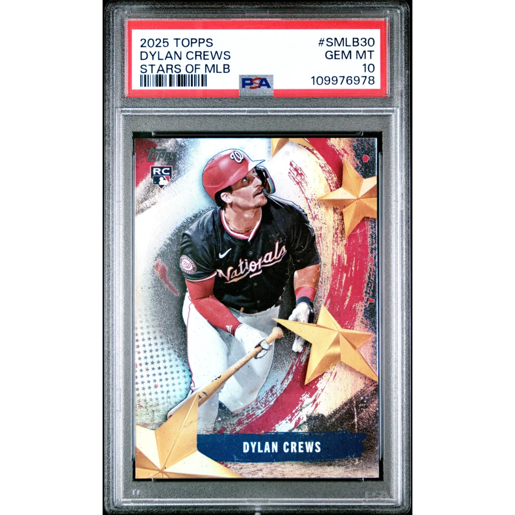 A graded 2025 Topps Dylan Crews Stars of MLB rookie card PSA GEM MT 10 by professional sports authenticator