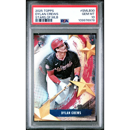 A graded 2025 Topps Dylan Crews Stars of MLB rookie card PSA GEM MT 10 by professional sports authenticator