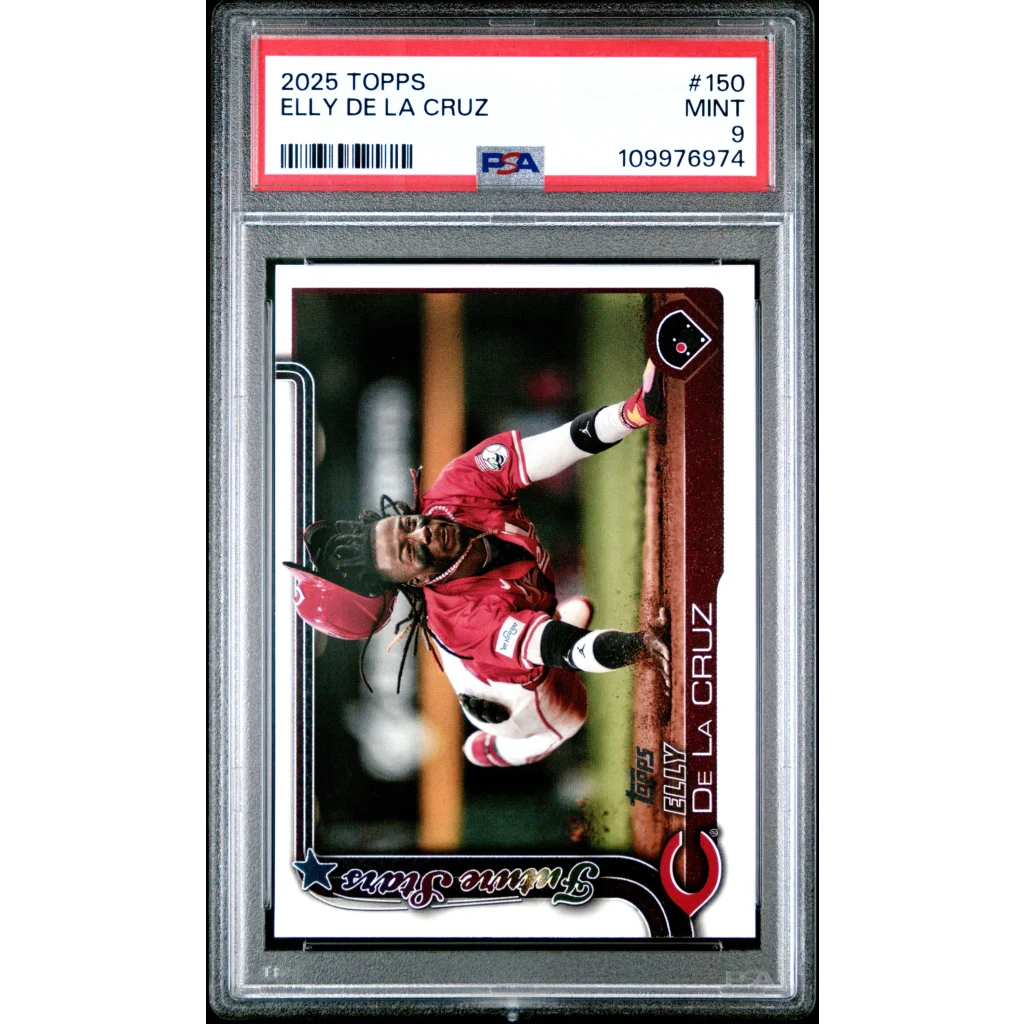 PSA graded 2025 Topps Elly De La Cruz baseball card on display