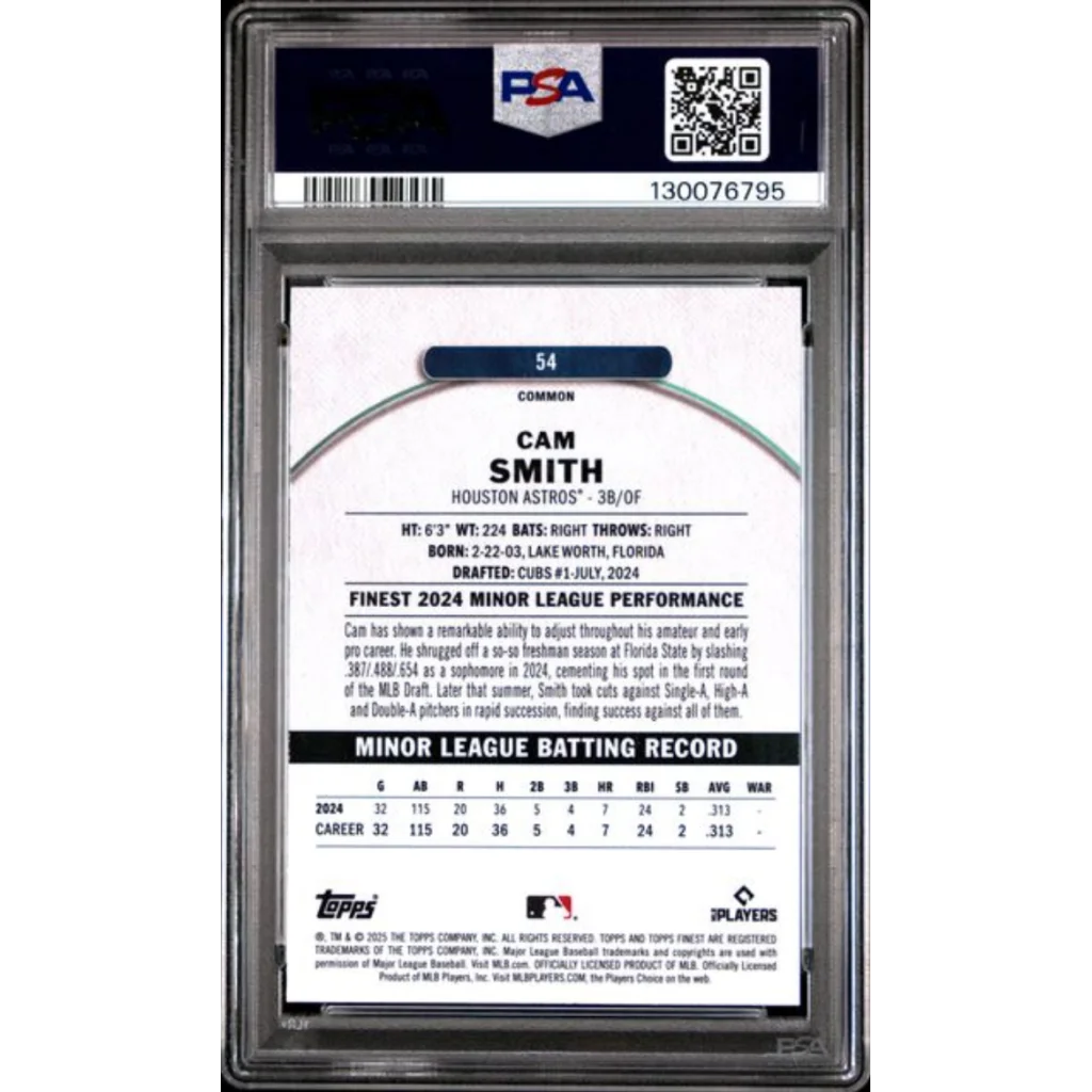 Graded 2025 Topps Finest Cam Smith #54 Blue Refractor /200 Rookie RC Baseball Card PSA 10 Gem Mint | PSA 10 Gem Mint Graded Rookie Card | vintageantiquesgifts.com
