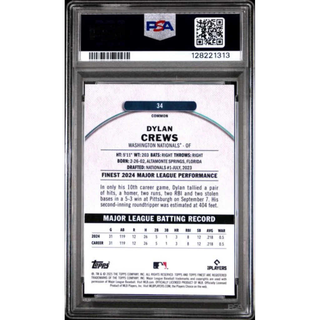 Graded PSA 10 2025 Topps Finest Dylan Crews #34 Checkerboard Refractor RC card back with 2024 stats