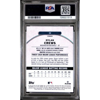 Graded PSA 10 2025 Topps Finest Dylan Crews #34 Checkerboard Refractor RC card back with 2024 stats