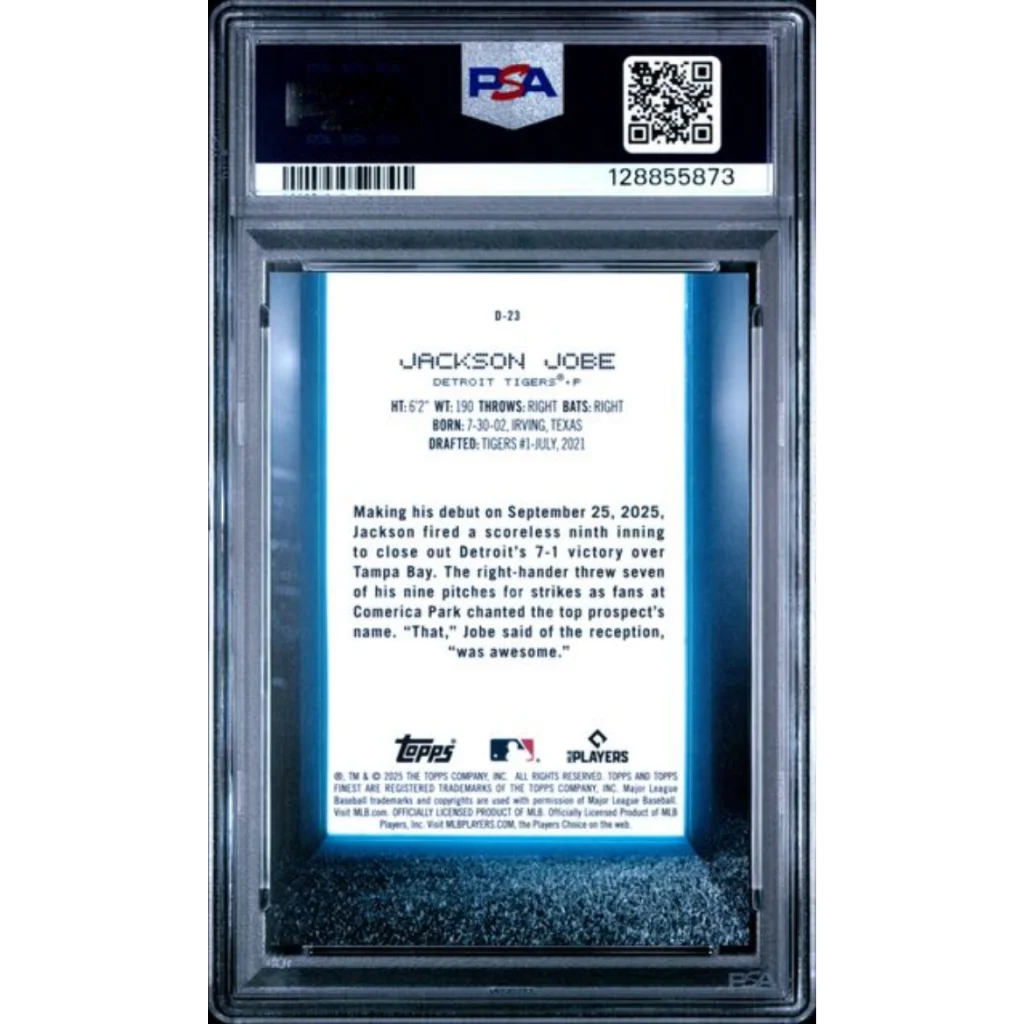 Graded 2025 Topps Finest Jackson Jobe #D23 Debut Gold Refractor /50 Rookie RC Baseball Card PSA 10 Gem Mint | PSA 10 Gem Mint Graded Rookie Card | vintageantiquesgifts.com