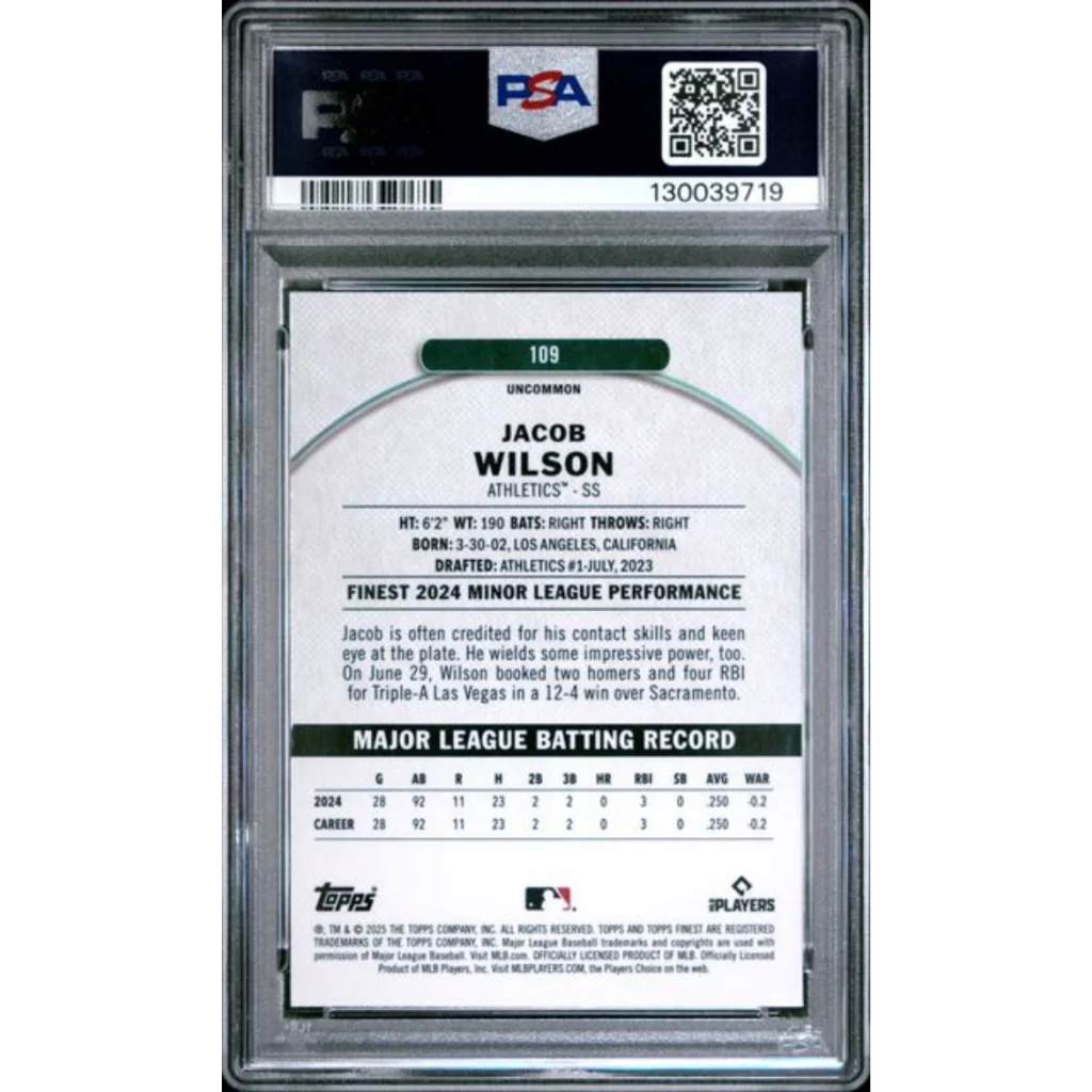Graded 2025 Topps Finest Jacob Wilson #109 Checkerboard Refractor Rookie RC Baseball Card PSA 10 Gem Mint | PSA 10 Gem Mint Graded Rookie Card | vintageantiquesgifts.com