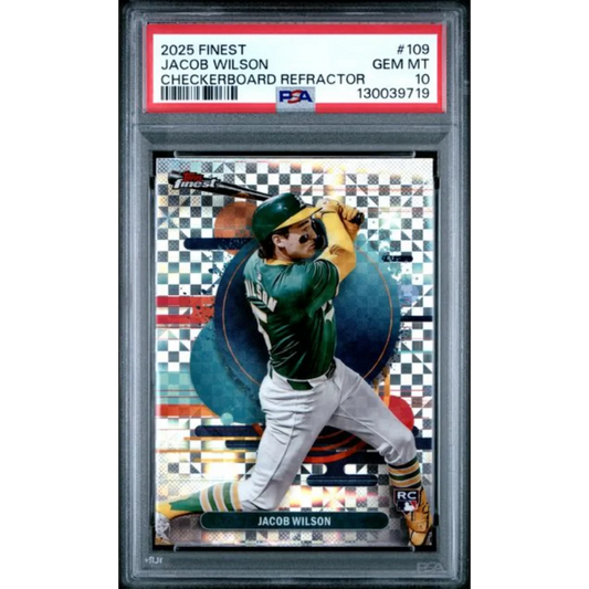 Graded 2025 Topps Finest Jacob Wilson #109 Checkerboard Refractor Rookie RC Baseball Card PSA 10 Gem Mint | Hall of Fame Sports Memorabilia | vintageantiquesgifts.com
