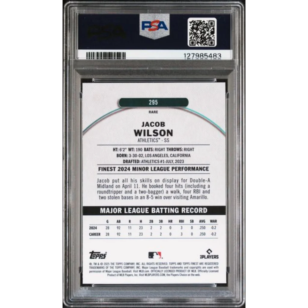 Graded 2025 Topps Finest Jacob Wilson #295 Rookie RC Baseball Card PSA 10 Gem Mint | PSA 10 Gem Mint Graded Rookie Card | vintageantiquesgifts.com