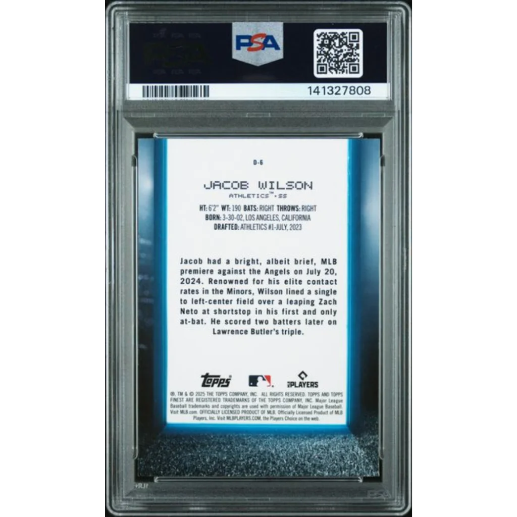 Graded 2025 Topps Finest Jacob Wilson D6 Debut Rookie RC Baseball Card PSA 10 Gem Mint | PSA 10 Gem Mint Graded Rookie Card | vintageantiquesgifts.com