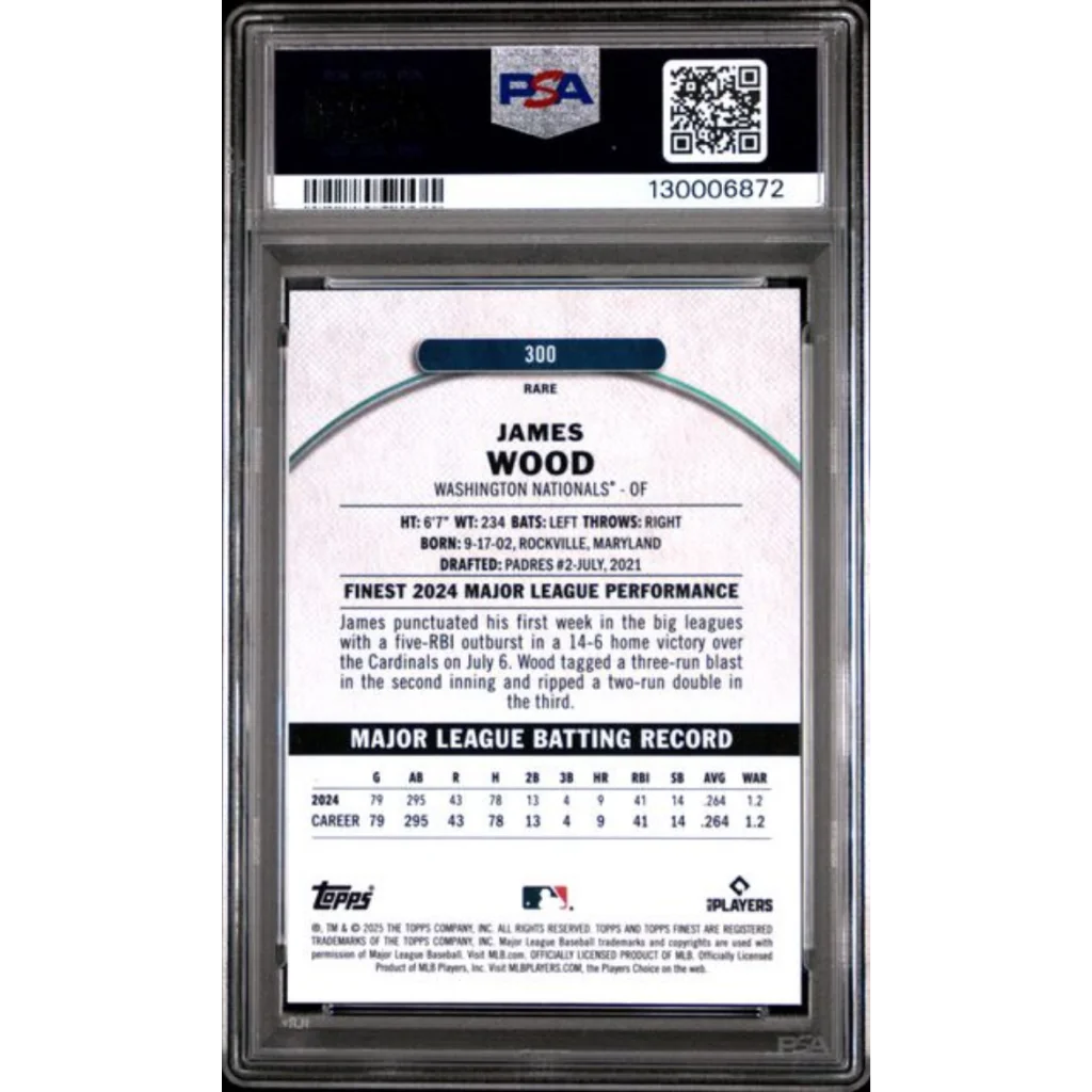 Graded 2025 Topps Finest James Wood #300 Rookie RC Baseball Card PSA 10 Gem Mint | PSA 10 Gem Mint Graded Rookie Card | vintageantiquesgifts.com