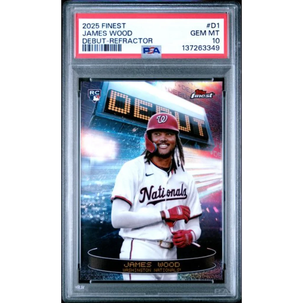 Graded 2025 Topps Finest James Wood D1 Debut Refractor Rookie RC Baseball Card PSA 10 Gem Mint | Hall of Fame Sports Memorabilia | vintageantiquesgifts.com
