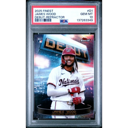 Graded 2025 Topps Finest James Wood D1 Debut Refractor Rookie RC Baseball Card PSA 10 Gem Mint | Hall of Fame Sports Memorabilia | vintageantiquesgifts.com