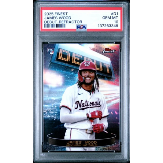 Graded 2025 Topps Finest James Wood D1 Debut Refractor Rookie RC Baseball Card PSA 10 Gem Mint | Hall of Fame Sports Memorabilia | vintageantiquesgifts.com