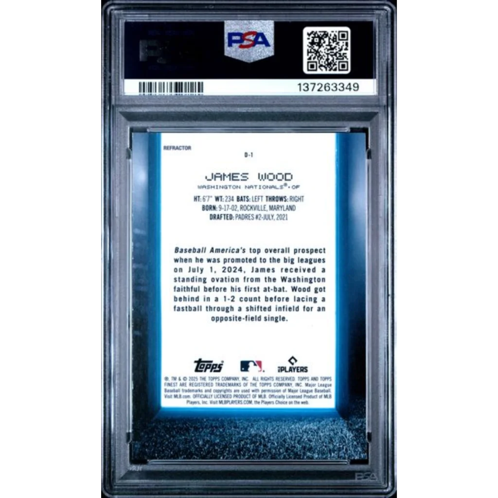 Graded 2025 Topps Finest James Wood D1 Debut Refractor Rookie RC Baseball Card PSA 10 Gem Mint | PSA 10 Gem Mint Graded Rookie Card | vintageantiquesgifts.com