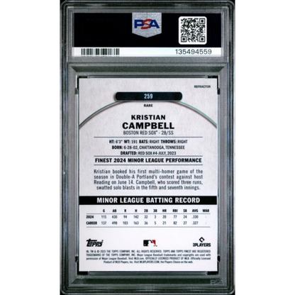 Graded 2025 Topps Finest Kristian Campbell #259 Refractor Rookie RC Baseball Card PSA 10 Gem Mint | PSA 10 Gem Mint Graded Rookie Card | vintageantiquesgifts.com