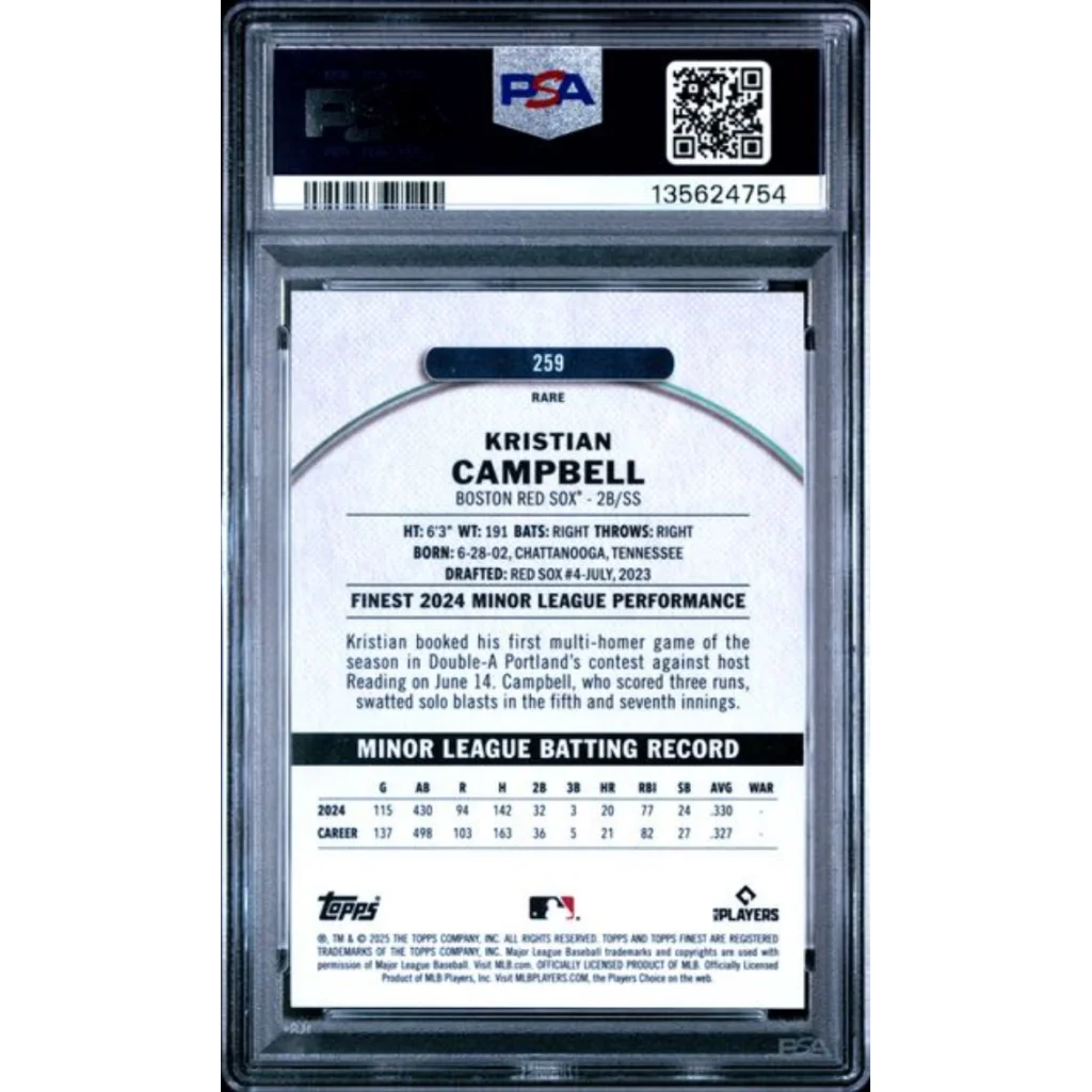 Graded 2025 Topps Finest Kristian Campbell #259 Rookie RC Baseball Card PSA 10 Gem Mint | PSA 10 Gem Mint Graded Rookie Card | vintageantiquesgifts.com