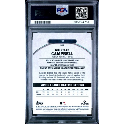 Graded 2025 Topps Finest Kristian Campbell #259 Rookie RC Baseball Card PSA 10 Gem Mint | PSA 10 Gem Mint Graded Rookie Card | vintageantiquesgifts.com