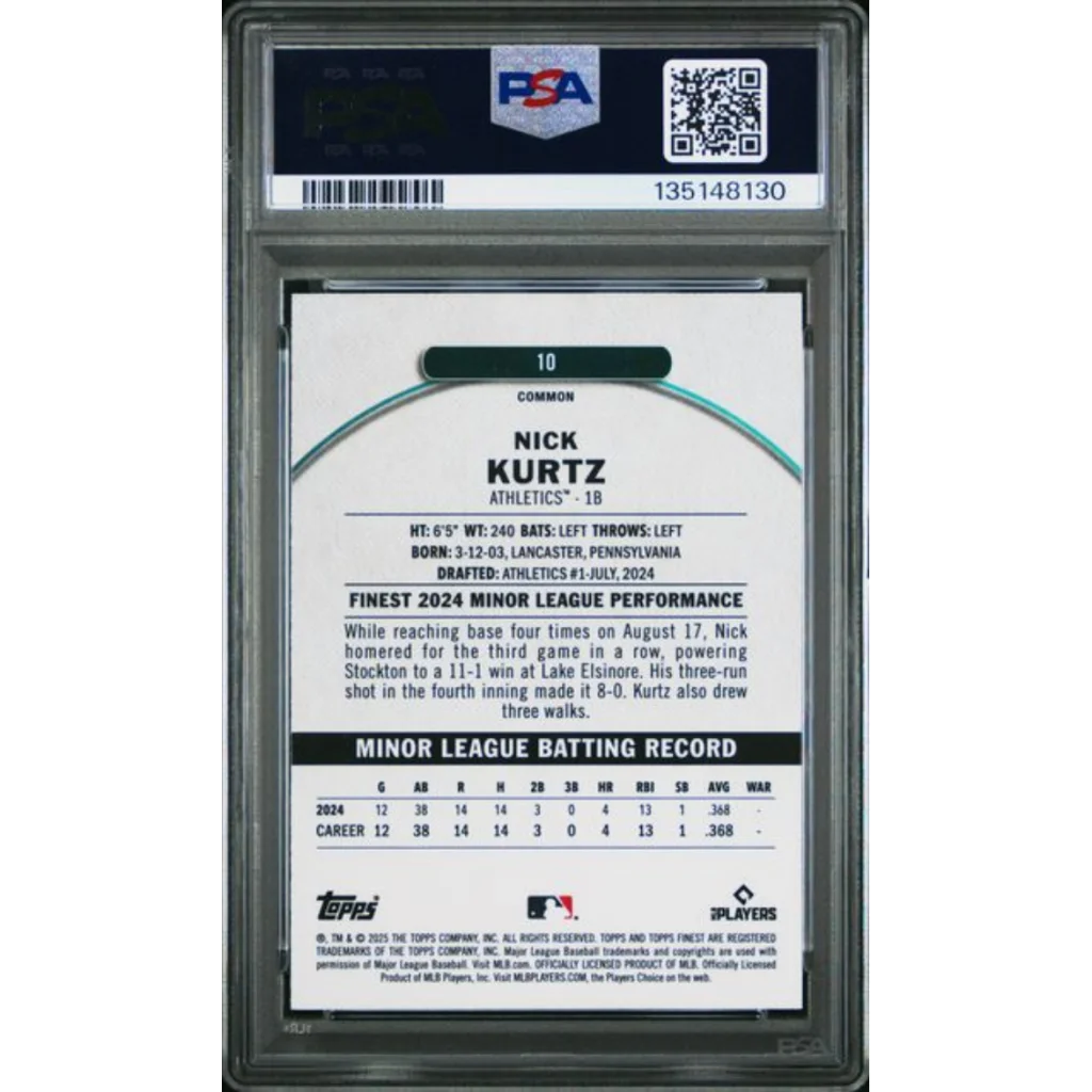 Graded 2025 Topps Finest Nick Kurtz #10 Rookie RC Baseball Card PSA 10 Gem Mint | PSA 10 Gem Mint Graded Rookie Card | vintageantiquesgifts.com