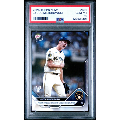 Graded 2025 Topps Now Jacob Misiorowski #402 Rookie RC Baseball Card PSA 10 Gem Mint | Hall of Fame Sports Memorabilia | vintageantiquesgifts.com