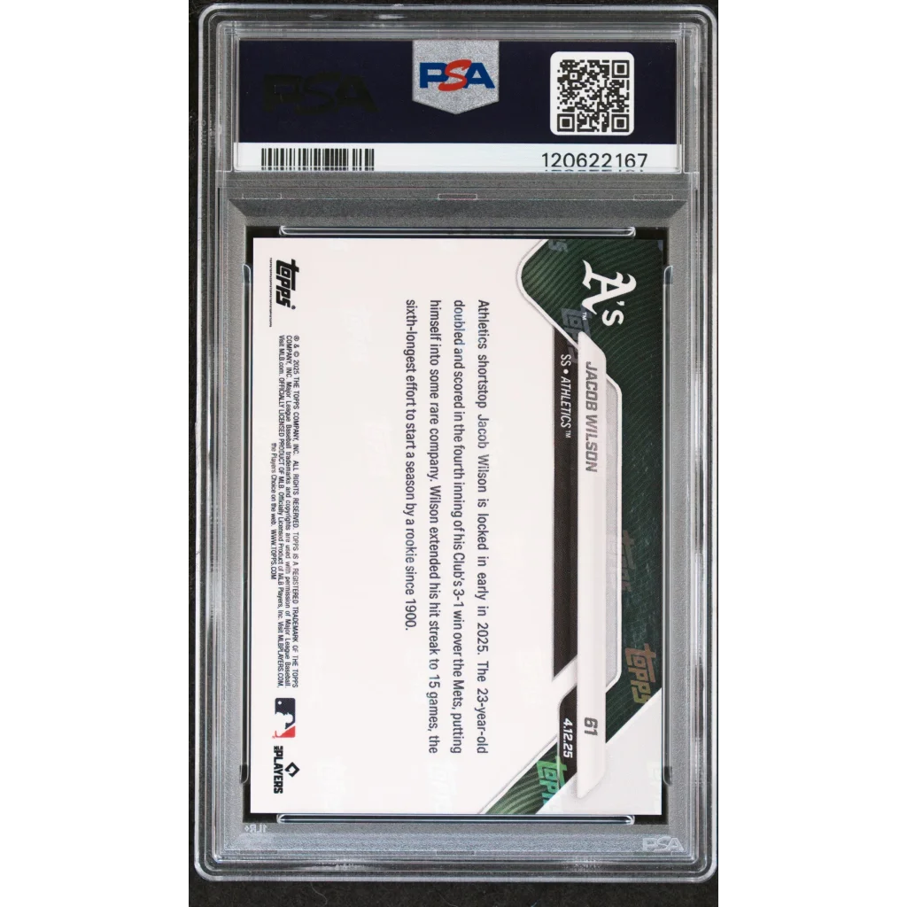 Graded PSA 9 2025 Topps Now Jacob Wilson #61 Black Foil /10 RC card in slab