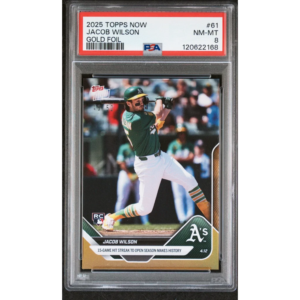Graded 2025 Topps Now Jacob Wilson #61 Gold Foil /50 Rookie RC Baseball Card PSA 8 Near Mint | Hall of Fame Sports Memorabilia | vintageantiquesgifts.com