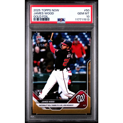 Graded 2025 Topps Now James Wood #50 Gold Foil /50 Rookie RC Baseball Card PSA 10 Gem Mint | Hall of Fame Sports Memorabilia | vintageantiquesgifts.com