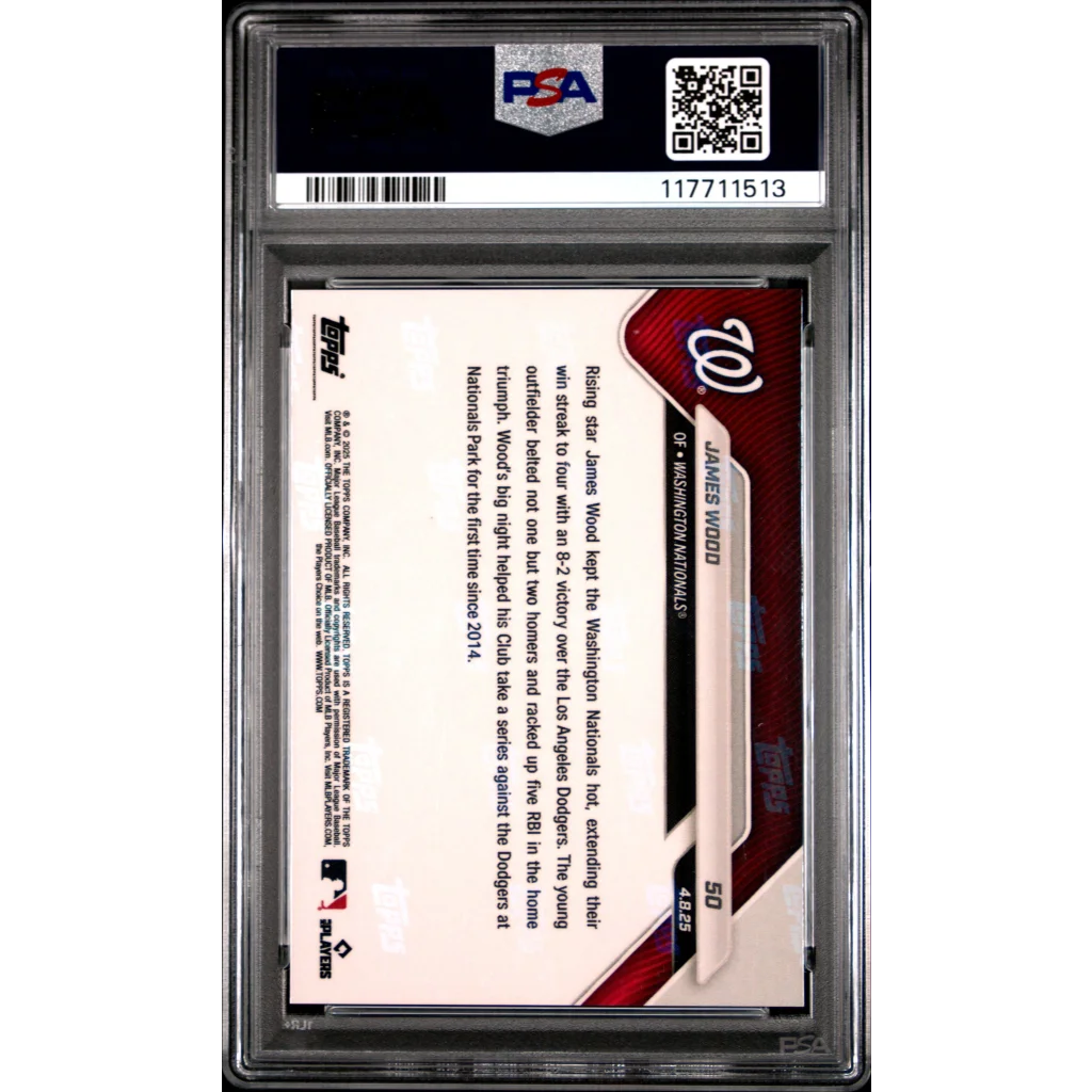 Graded 2025 Topps Now James Wood #50 Gold Foil /50 Rookie RC Baseball Card PSA 10 Gem Mint | PSA 10 Gem Mint Graded Rookie Card | vintageantiquesgifts.com