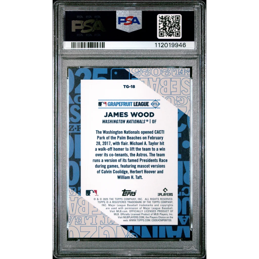 Graded 2025 Topps James Wood #TG18 Training Grounds Rookie RC Baseball Card PSA 10 Gem Mint | PSA 10 Gem Mint Graded Rookie Card | vintageantiquesgifts.com