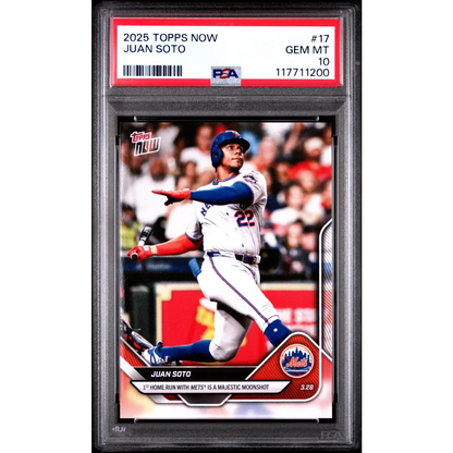 Graded 2025 Topps Now Juan Soto #17 Baseball Card PSA 10 Gem Mint | Hall of Fame Sports Memorabilia | vintageantiquesgifts.com
