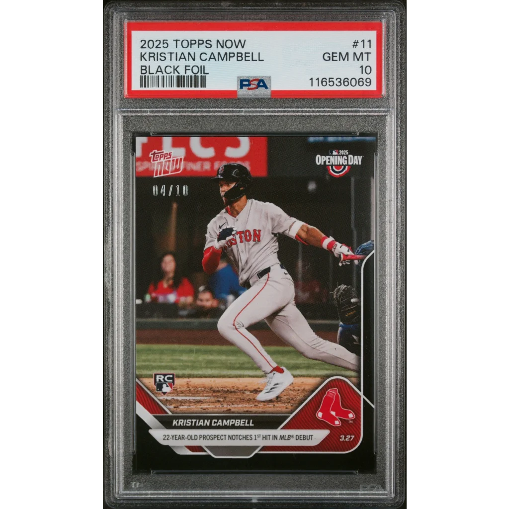PSA graded 2025 Topps Now Kristian Campbell Black Foil baseball card on display