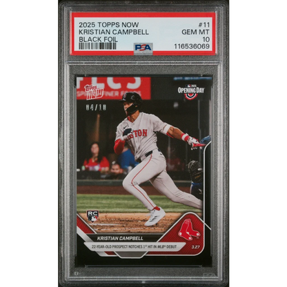Graded 2025 Topps Now Kristian Campbell #11 Black Foil /10 Rookie RC Baseball Card PSA 10 Gem Mint | Hall of Fame Sports Memorabilia | vintageantiquesgifts.com