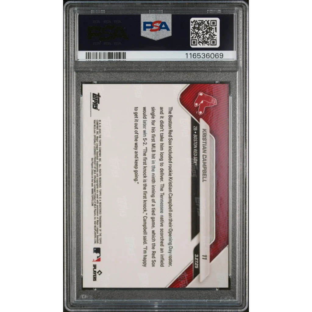 Graded 2025 Topps Now Kristian Campbell #11 Black Foil /10 Rookie RC Baseball Card PSA 10 Gem Mint | PSA 10 Gem Mint Graded Rookie Card | vintageantiquesgifts.com